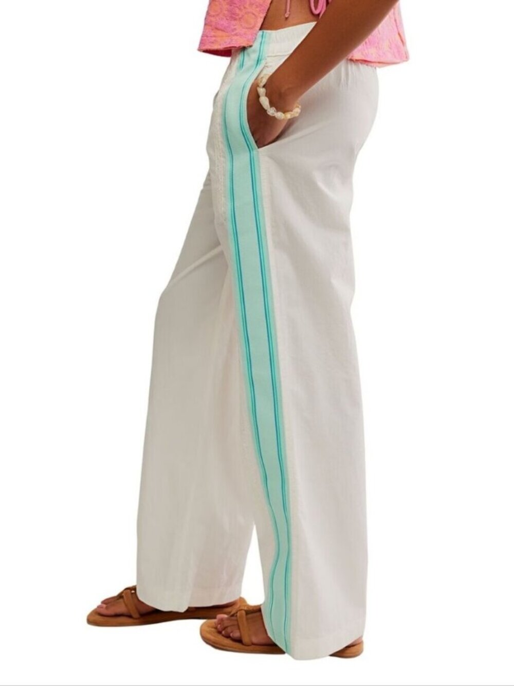 Free People Team Spirit Wide-Leg Track Pants Teal Lace Stripes Size XS NWT - Picture 2 of 8